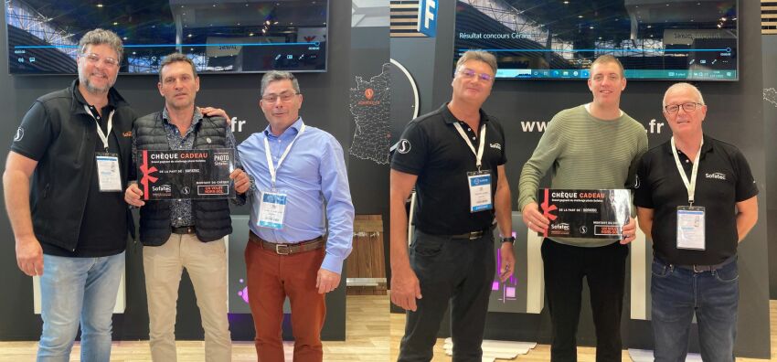 Les vainqueurs du concours. Photo de gauche : Xavier Amathieu, avec Lionel Borel (Directeur Sofatec Auralp) et Xavier Blanchard (Commercial Sofatec Auralp). Photo de droite : Antoine Morhan, avec Philippe Guérin (Directeur de Sofatec Cérans) et Jean-Paul Lichtenthaler (Directeur Commercial Sofatec Cérans). 