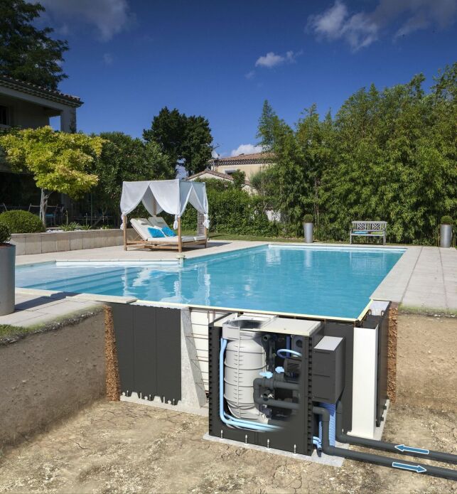 Coupe d'une piscine avec implantation du système de filtration NFX