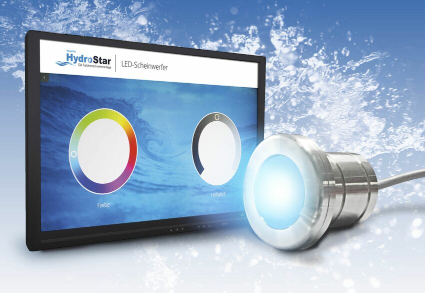 Les nouveaux projecteurs LED créent un éclairage d'ambiance et transforment l'entraînement avec piscine à turbines HydroStar de BINDER en véritable expérience.&nbsp;&nbsp;