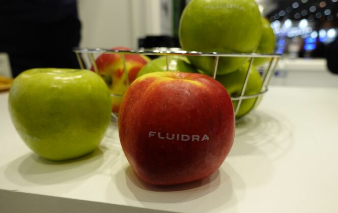 Insolite : Fluidra propose des objets publicitaires... comestibles ! N'hésitez pas à passer sur leur stand pour déguster une pomme aux couleurs de la marque.  DR