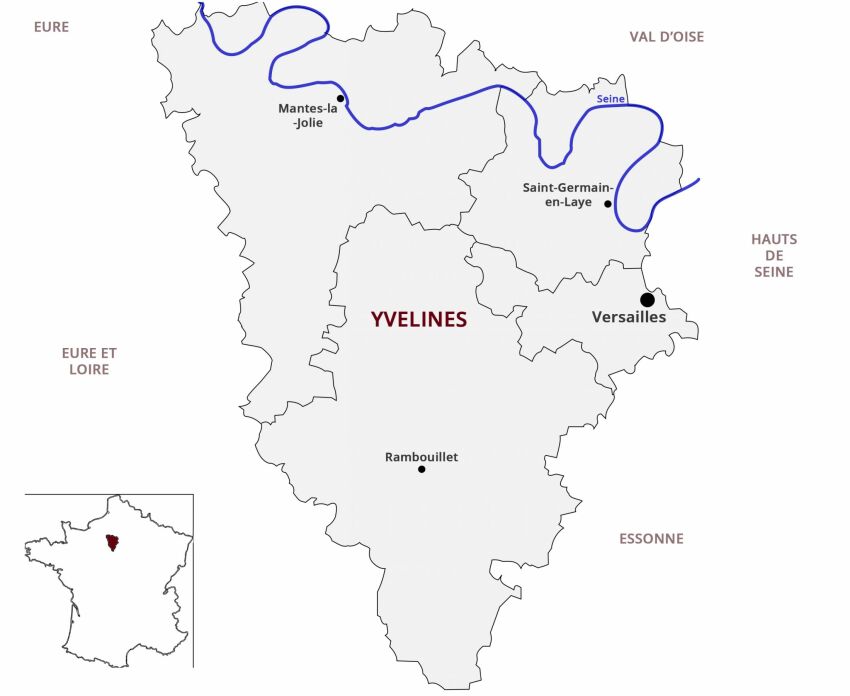Le département des Yvelines a pour préfecture Versailles et est traversé par la Seine&nbsp;&nbsp;