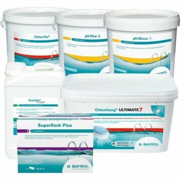 Pack produits Bayrol Piscine 6 produits : 7 fonctions 4,8 kg, Choc 5 kg, pH plus 5 kg, pH moins 6 kg, Anti-algues 3 L, Floculant x8