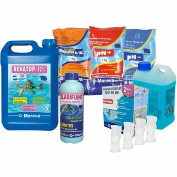 Mareva - Pack Kit Rev-Aqua 10 à 18 m3 - Algicide Ravatop 12 % - Clarifiant liquide 1 l - Stabilisateur de pH - Ecodoses tac