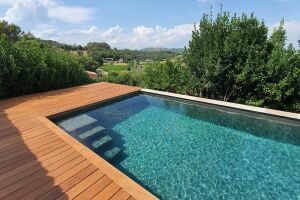 Piscine enterrée avec une terrasse en bois.