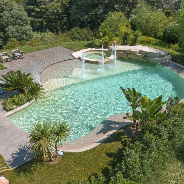 Une piscine exotique avec une terrasse en bois tropical