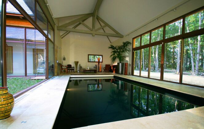 Piscine intérieure avec liner noir et baies vitrées offrant une vue sur la forêt © L'Esprit Piscine