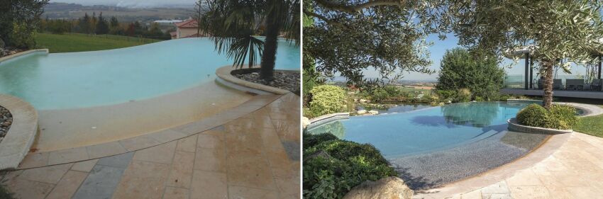 Avant (à gauche) et après (à droite) rénovation de la piscine par Diffazur Piscines.&nbsp;&nbsp;