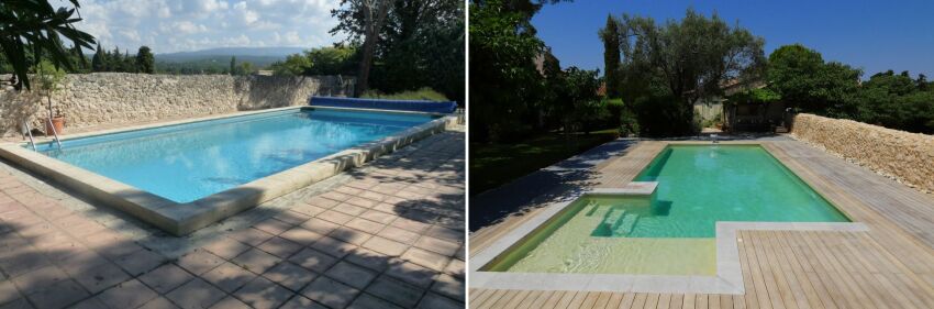 Avant (à gauche) et après (à droite) rénovation de la piscine par Diffazur Piscines.&nbsp;&nbsp;