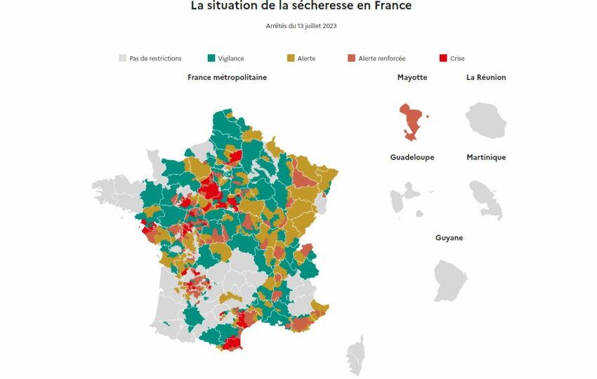 Restrictions sécheresse en France au 13 juillet 2023 