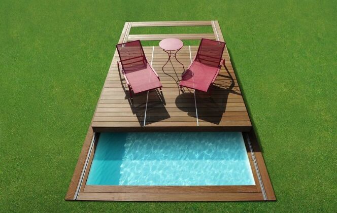 Rolling-Deck de Piscinelle : pas besoin de déménager votre mobilier pour transformer votre couverture en terrasse. © Piscinelle