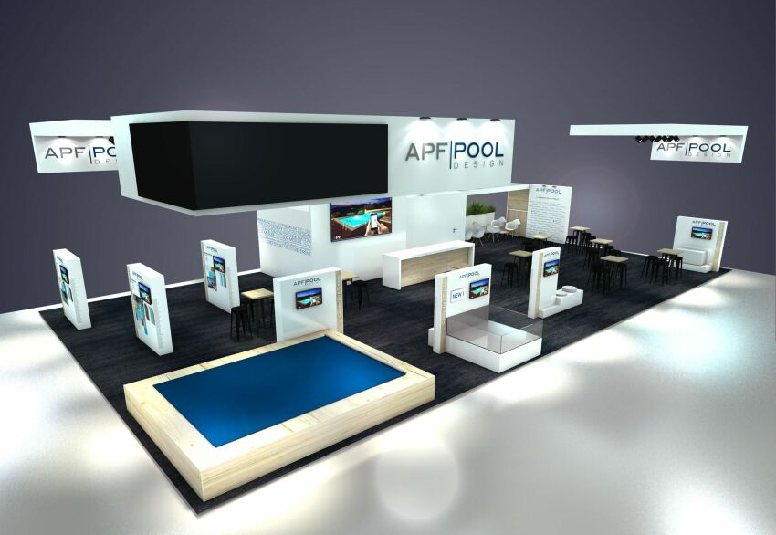 Un stand aux couleurs d'APF Pool Design à découvrir sur le Salon Piscine Global Europe 2022&nbsp;&nbsp;